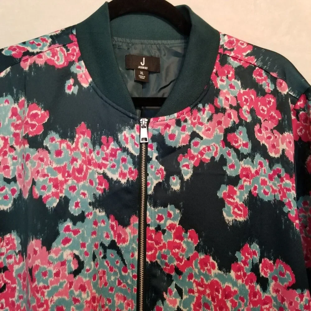 J Jason Wu XL Bomber Jacket Teal Pink Floral Print Satin Preppy Feminine Boho